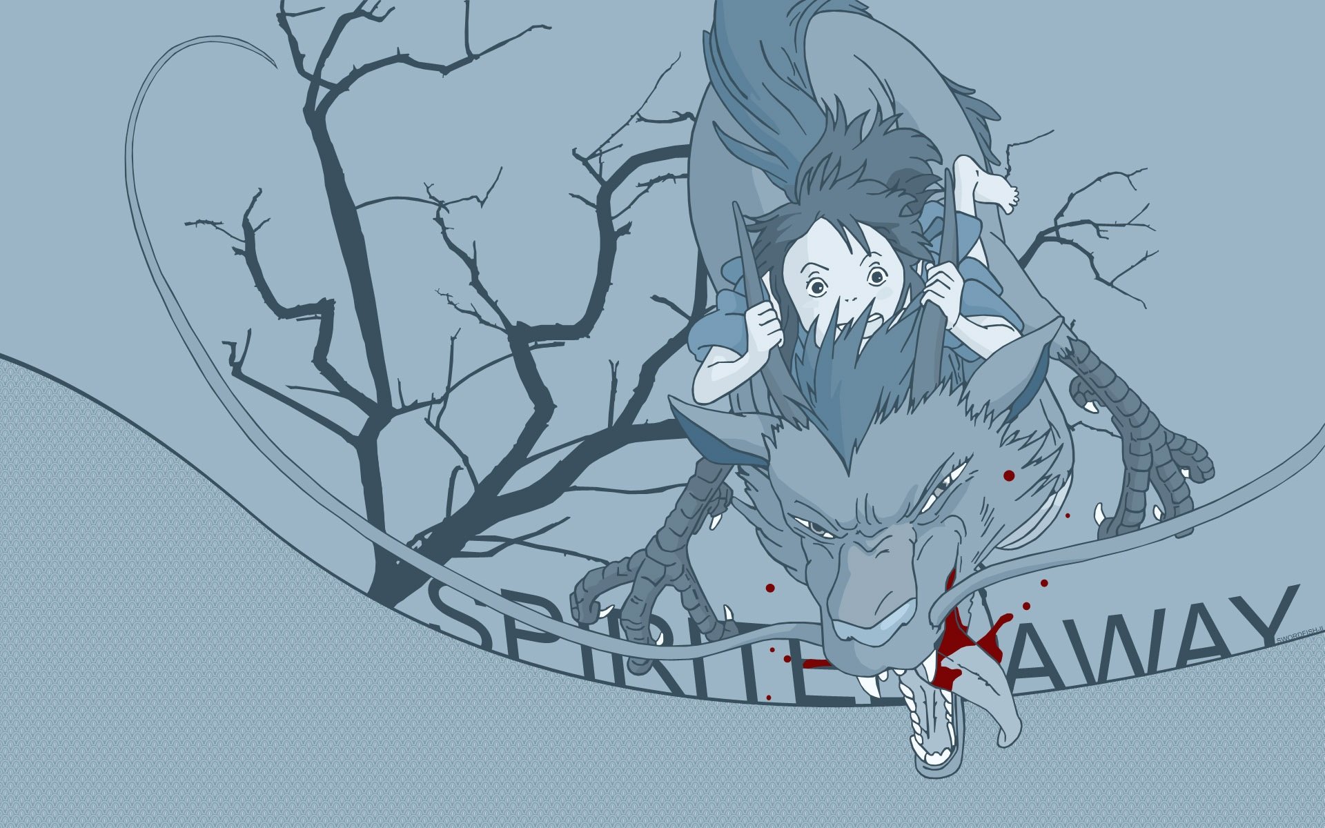 Anime HD desktop wallpaper featuring a dynamic scene from Spirited Away with a dragon and a character against a stark, leafless tree background.