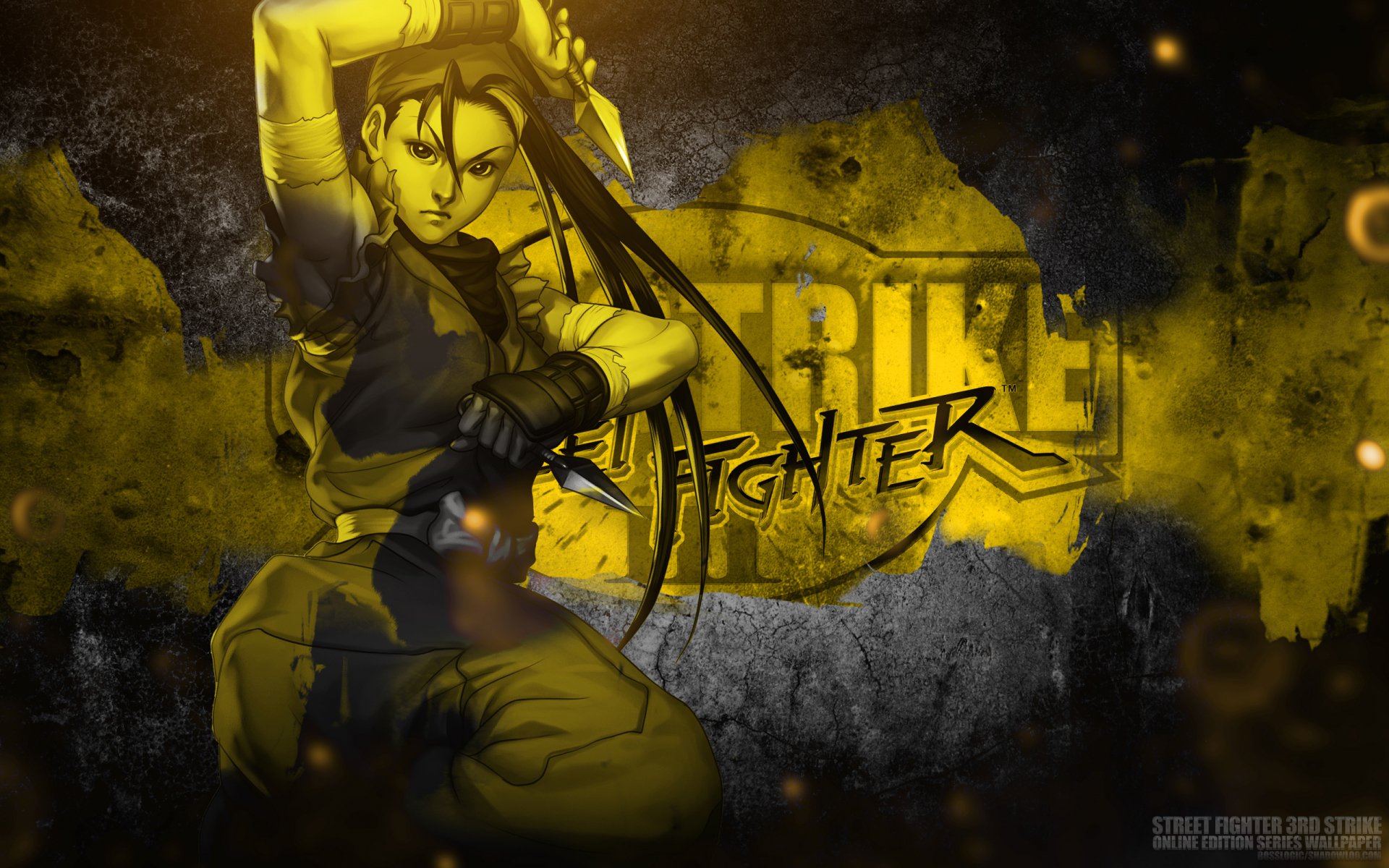 HD PC desktop wallpaper featuring Chun-Li from the Street Fighter video game series in a dynamic pose with a grungy yellow and black background.