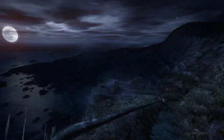 HD PC desktop wallpaper from the video game Dear Esther, featuring a moonlit coastal cliffside under a cloudy night sky.