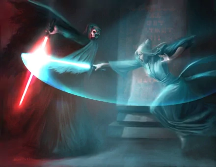 A dramatic scene from Star Wars Knights of the Old Republic II, featuring Darth Nihilus wielding a red lightsaber in battle against a Jedi with a blue lightsaber, shrouded in mystique.