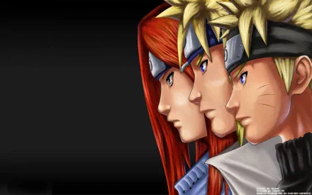 Anime wallpaper featuring Kushina Uzumaki, Minato Namikaze, and Naruto Uzumaki from the Naruto series, with a high-definition background.