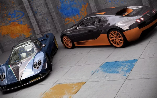 HD PC desktop wallpaper featuring two sleek sports cars parked on a tiled floor with colorful paint accents against a concrete wall backdrop.
