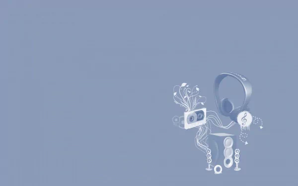 HD PC desktop wallpaper featuring artistic design of headphones, musical notes, and music elements on a muted blue background.