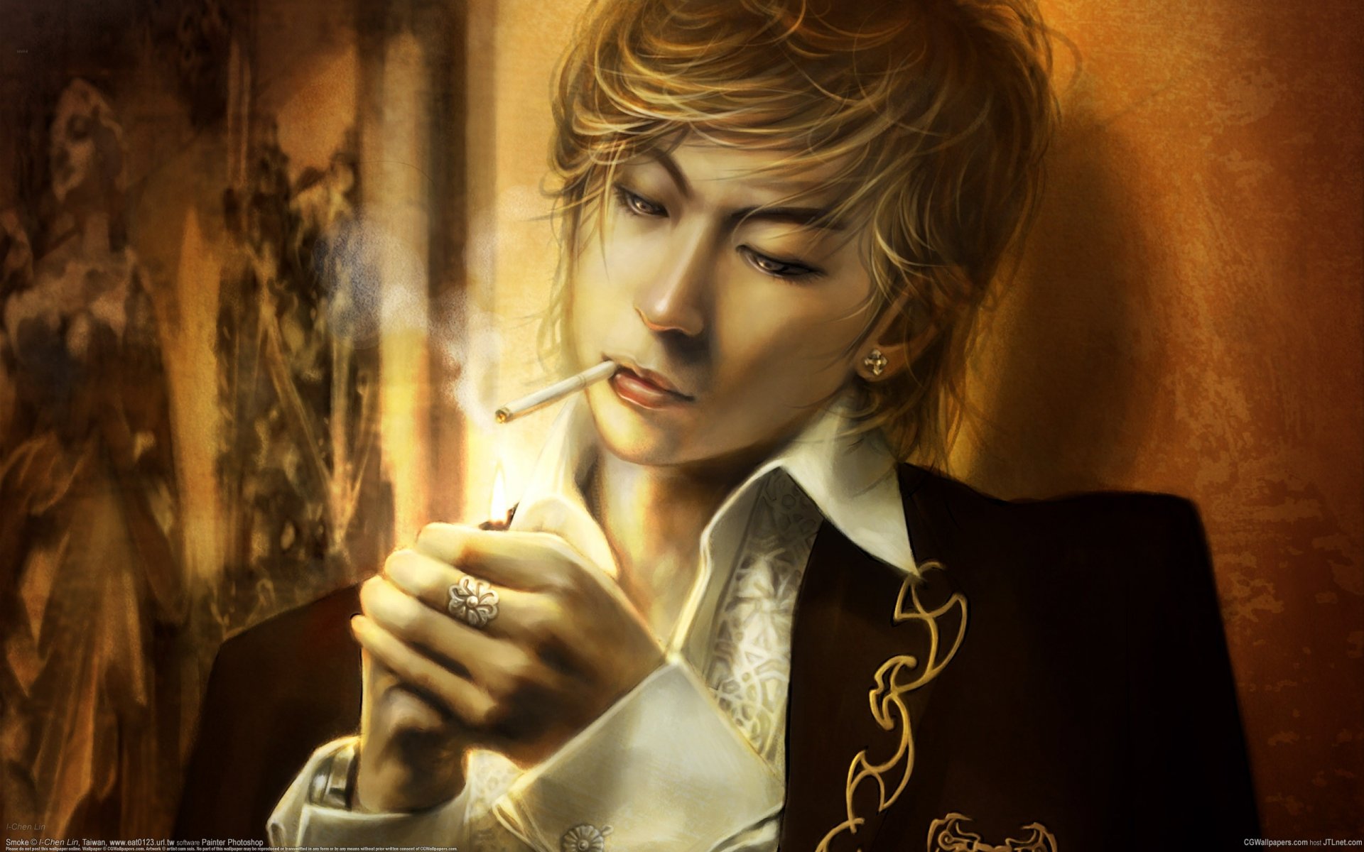 HD PC desktop wallpaper featuring a dark, atmospheric portrait of a young man lighting a cigarette with soft, warm tones and intricate clothing details.