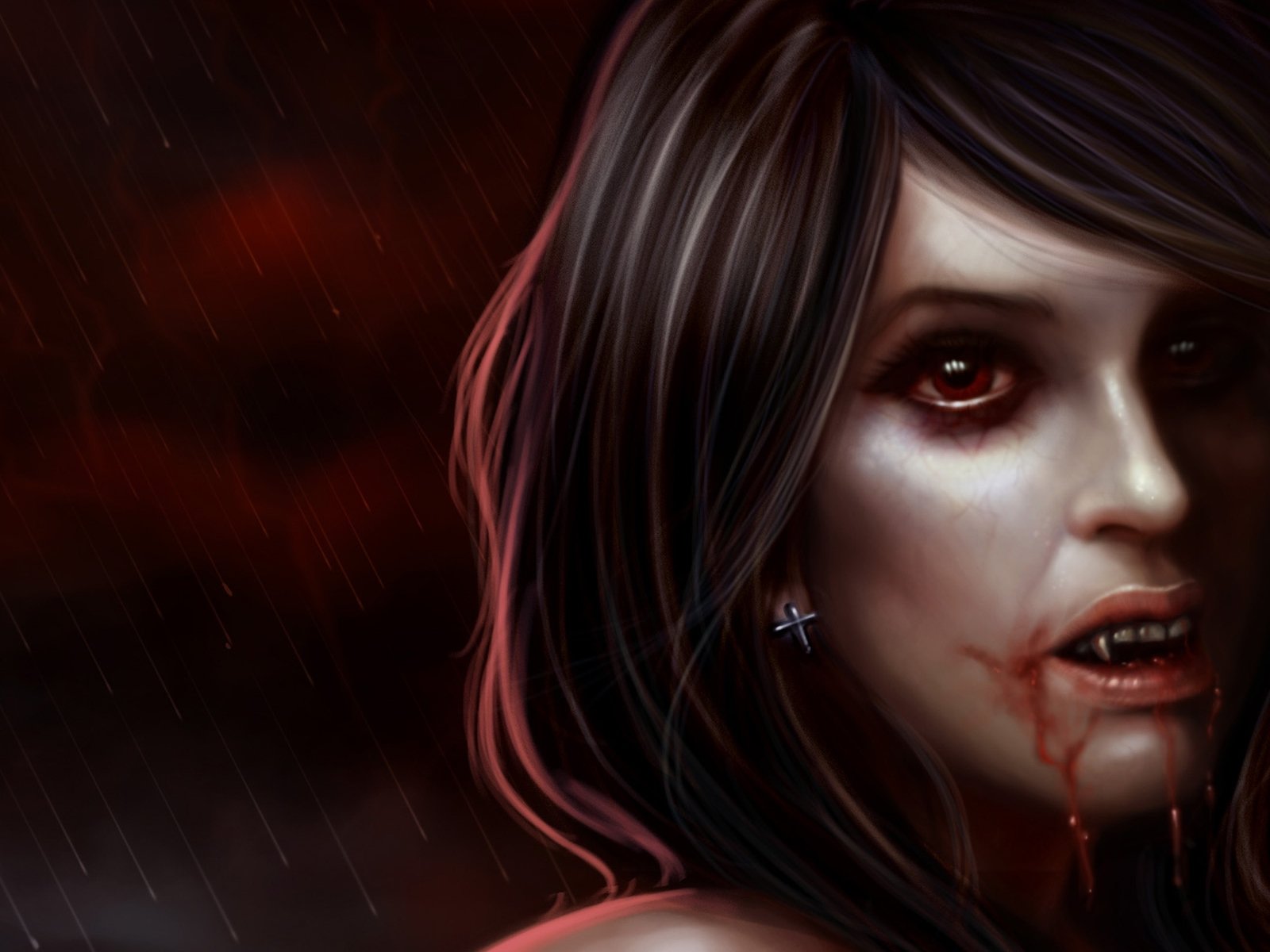 HD fantasy PC desktop wallpaper featuring a close-up of a vampire with pale skin, dark hair, red eyes, and blood dripping from her mouth against a dark, stormy background.