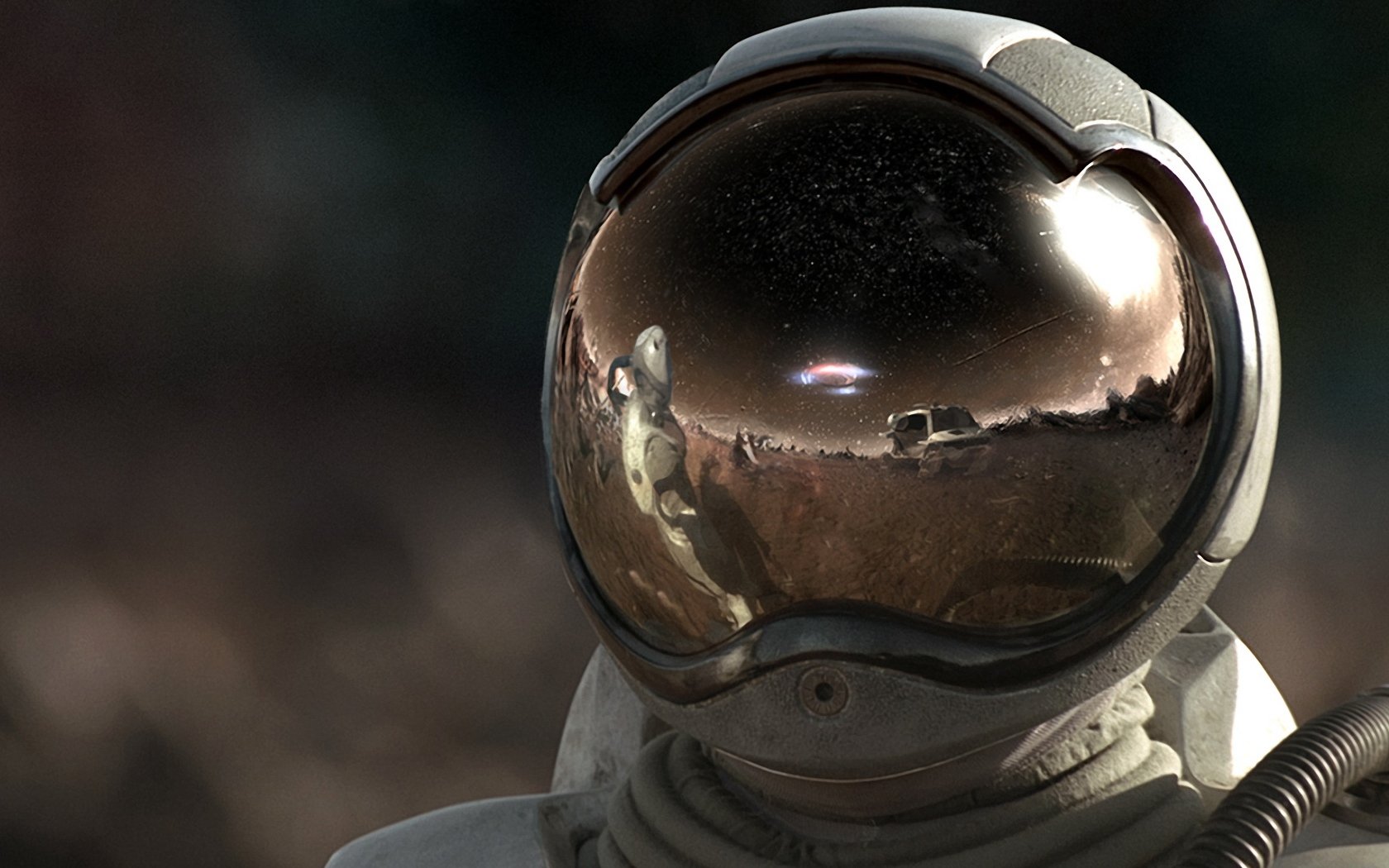HD Sci-Fi desktop wallpaper featuring a close-up of an astronaut's helmet reflecting a distant spacecraft and lunar landscape.