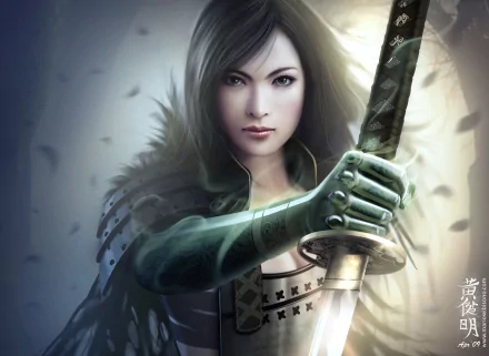 HD wallpaper featuring a woman warrior adorned in samurai armor, gripping a katana with a determined expression. This fantasy artwork is inspired by Legend of the Five Rings.