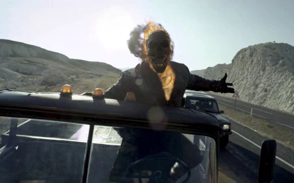 HD PC desktop wallpaper featuring Ghost Rider from the movie Ghost Rider: Spirit of Vengeance, with the flaming skull character riding on a vehicle in a desert landscape.