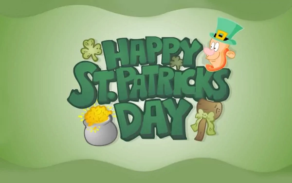 HD PC desktop wallpaper featuring a cheerful Happy St. Patrick's Day message with a leprechaun, shamrocks, a pot of gold, and a green-themed background.