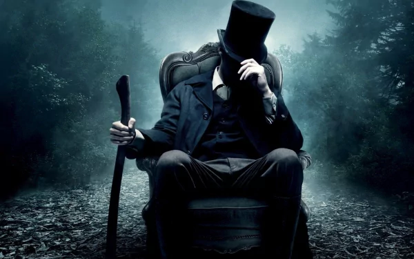 A dramatic HD wallpaper featuring a mysterious figure in a top hat sitting in a dark, eerie setting, inspired by the film **Abraham Lincoln: Vampire Hunter**.
