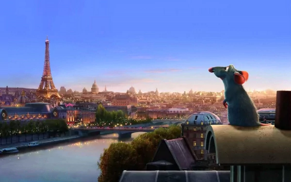 HD desktop wallpaper featuring a scene from the movie Ratatouille, showing the rat Remy overlooking Paris during sunset with the Eiffel Tower in the background.