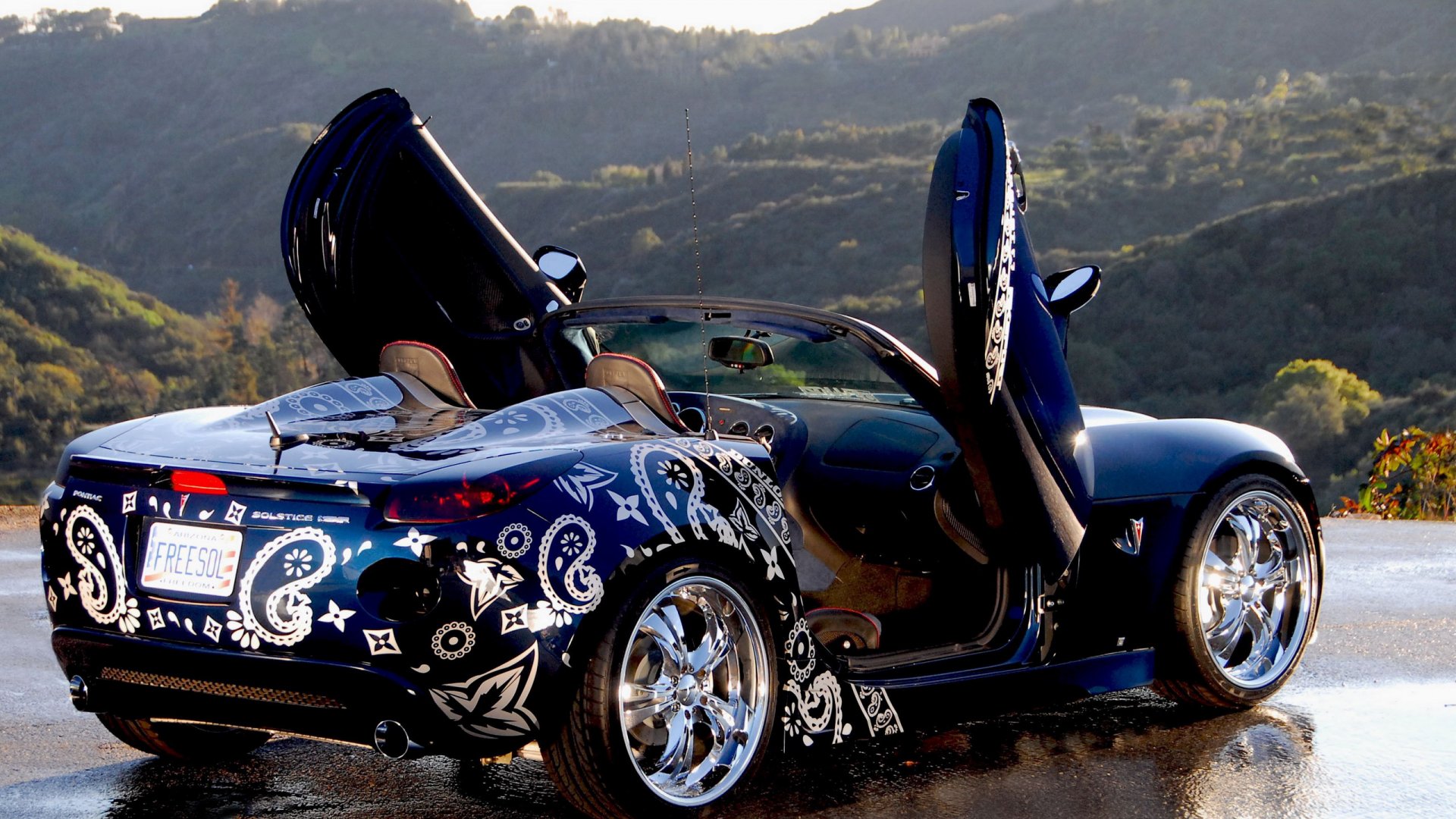 HD PC desktop wallpaper showcasing a stylish car with upward-opening doors and custom white graffiti-style designs parked in front of scenic green hills.