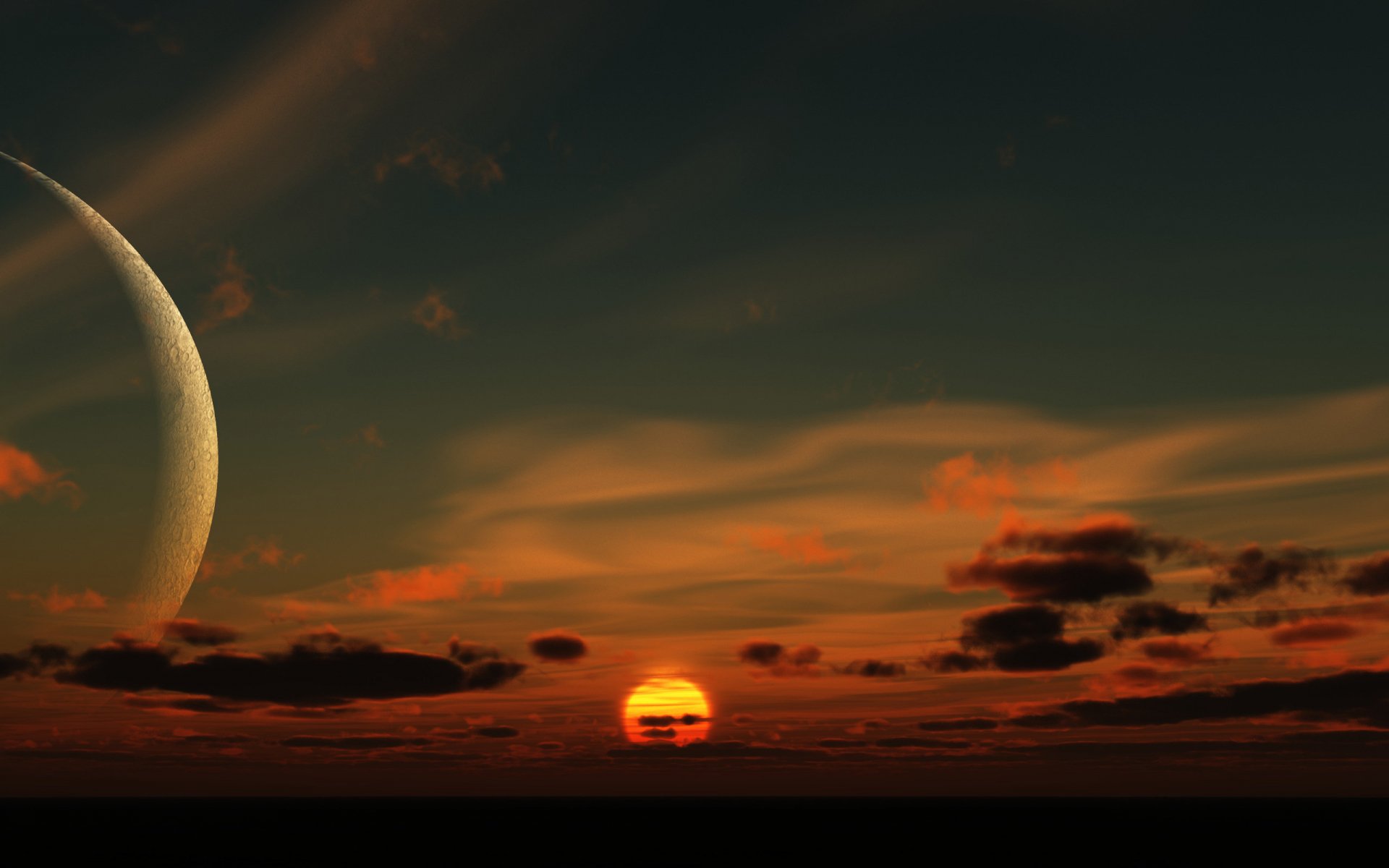 HD desktop wallpaper showcasing a stunning sunset over a vast landscape with a glowing moon and dramatic sky blending nature’s beauty.