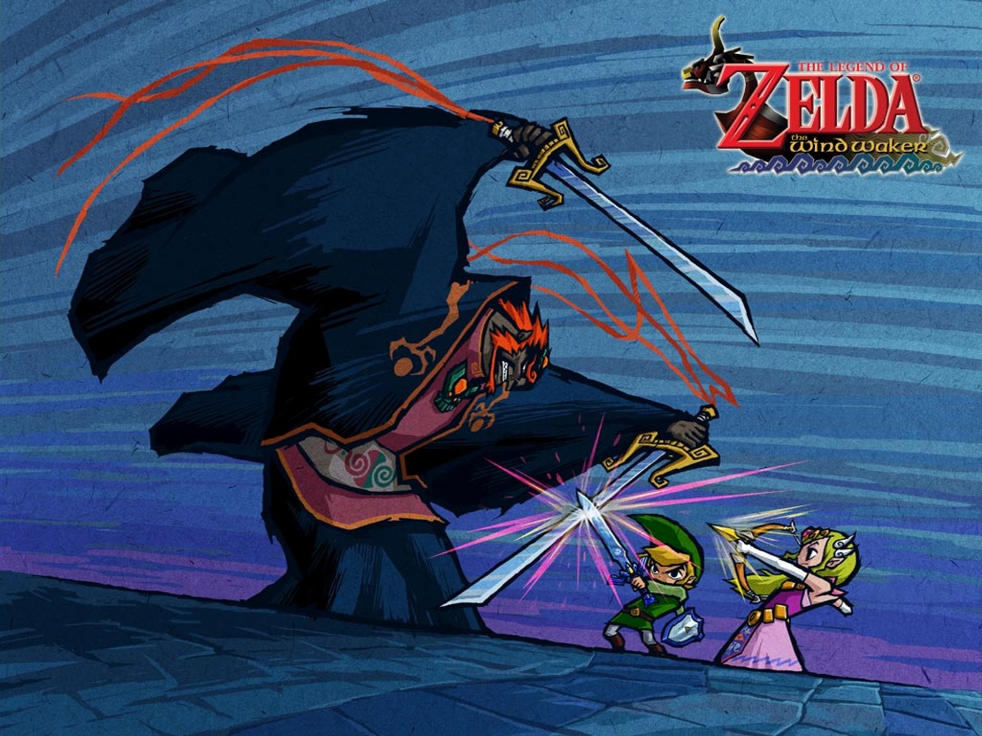 HD PC desktop wallpaper background from the video game The Legend of Zelda: The Wind Waker, showing Link and Princess Zelda confronting a menacing Ganondorf brandishing a sword.