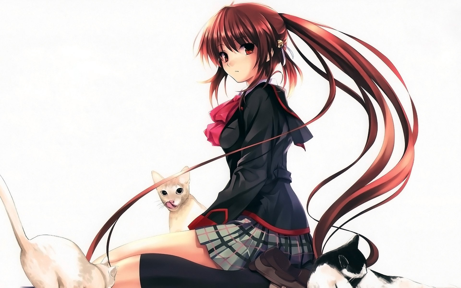 HD PC desktop wallpaper featuring anime style character from Little Busters! with long red hair, school uniform, and three cats against a white background.