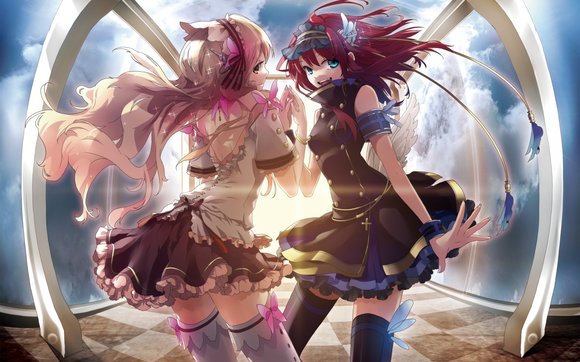 HD anime desktop wallpaper featuring two dynamic women in detailed outfits, set against a bright, arched background with soft lighting and a sense of motion.