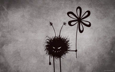 HD PC desktop wallpaper featuring a dark, evil black monster with antennae, holding a flower against a textured gray background.