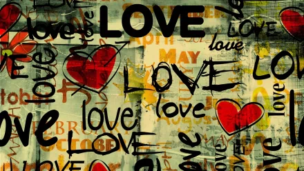 Artistic HD wallpaper featuring the word love and red hearts scattered across a textured background.