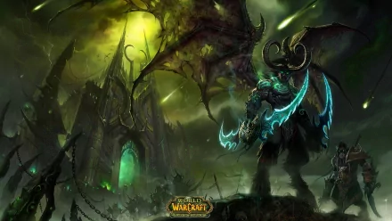 A dramatic HD desktop wallpaper from World of Warcraft, featuring a powerful character amidst a dark, mystical landscape with a looming fortress and swirling energy.