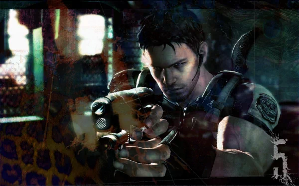 Chris Redfield from Resident Evil 5 aims his weapon in this dynamic HD wallpaper, showcasing intense action and the iconic style of the Resident Evil video game series.