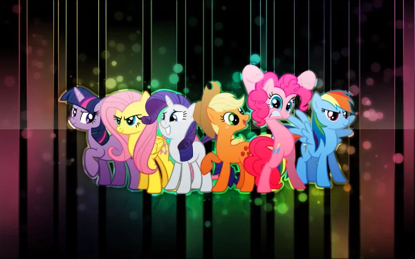 A colorful HD wallpaper featuring the main characters from My Little Pony: Friendship Is Magic, including Twilight Sparkle, Fluttershy, Rarity, Pinkie Pie, Applejack, and Rainbow Dash.