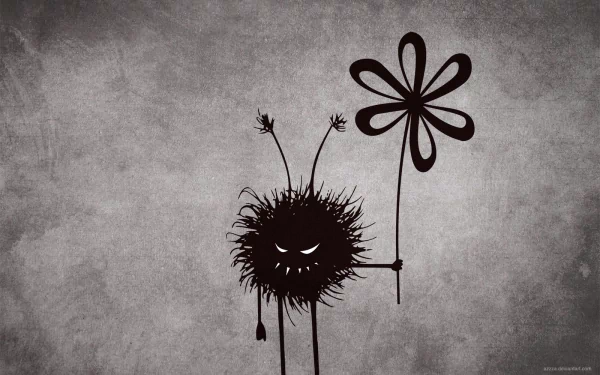 HD PC desktop wallpaper featuring a dark, evil black monster with antennae, holding a flower against a textured gray background.