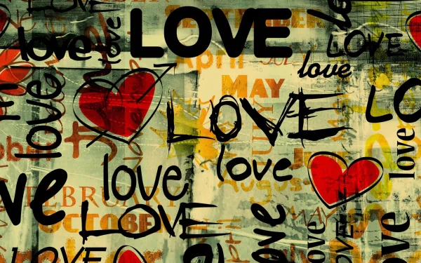 Artistic HD wallpaper featuring the word love and red hearts scattered across a textured background.