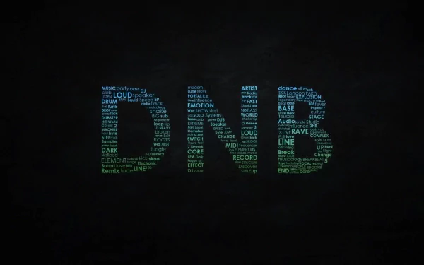 Dark HD desktop wallpaper featuring the word DNB formed by colorful music-related terms, representing drum and bass culture.