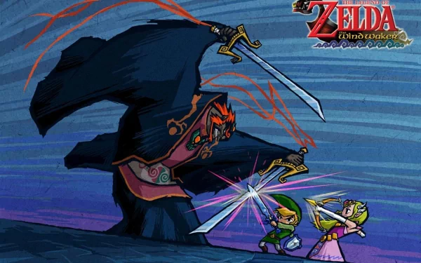 HD PC desktop wallpaper background from the video game The Legend of Zelda: The Wind Waker, showing Link and Princess Zelda confronting a menacing Ganondorf brandishing a sword.