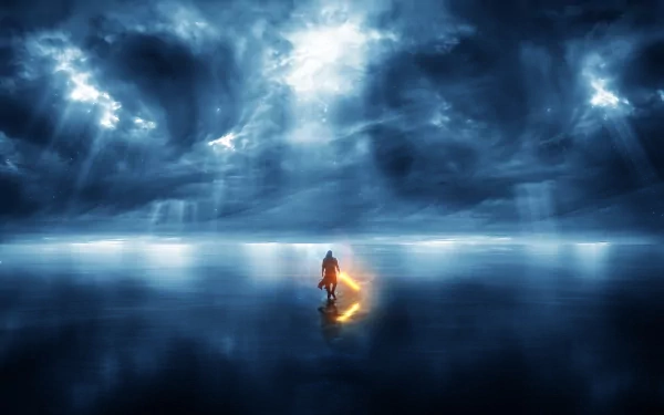 A lone fantasy warrior stands with a glowing sword against a dramatic, stormy sky. HD desktop wallpaper and background.