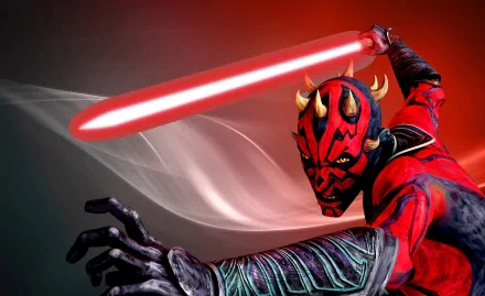 HD PC desktop wallpaper and background featuring Star Wars movie villain Darth Maul brandishing a red lightsaber against a smoky red backdrop.