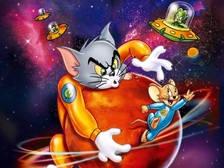 Colorful HD wallpaper featuring Tom and Jerry in a space adventure, with Tom in an orange spacesuit and Jerry gleefully exploring cosmic surroundings.