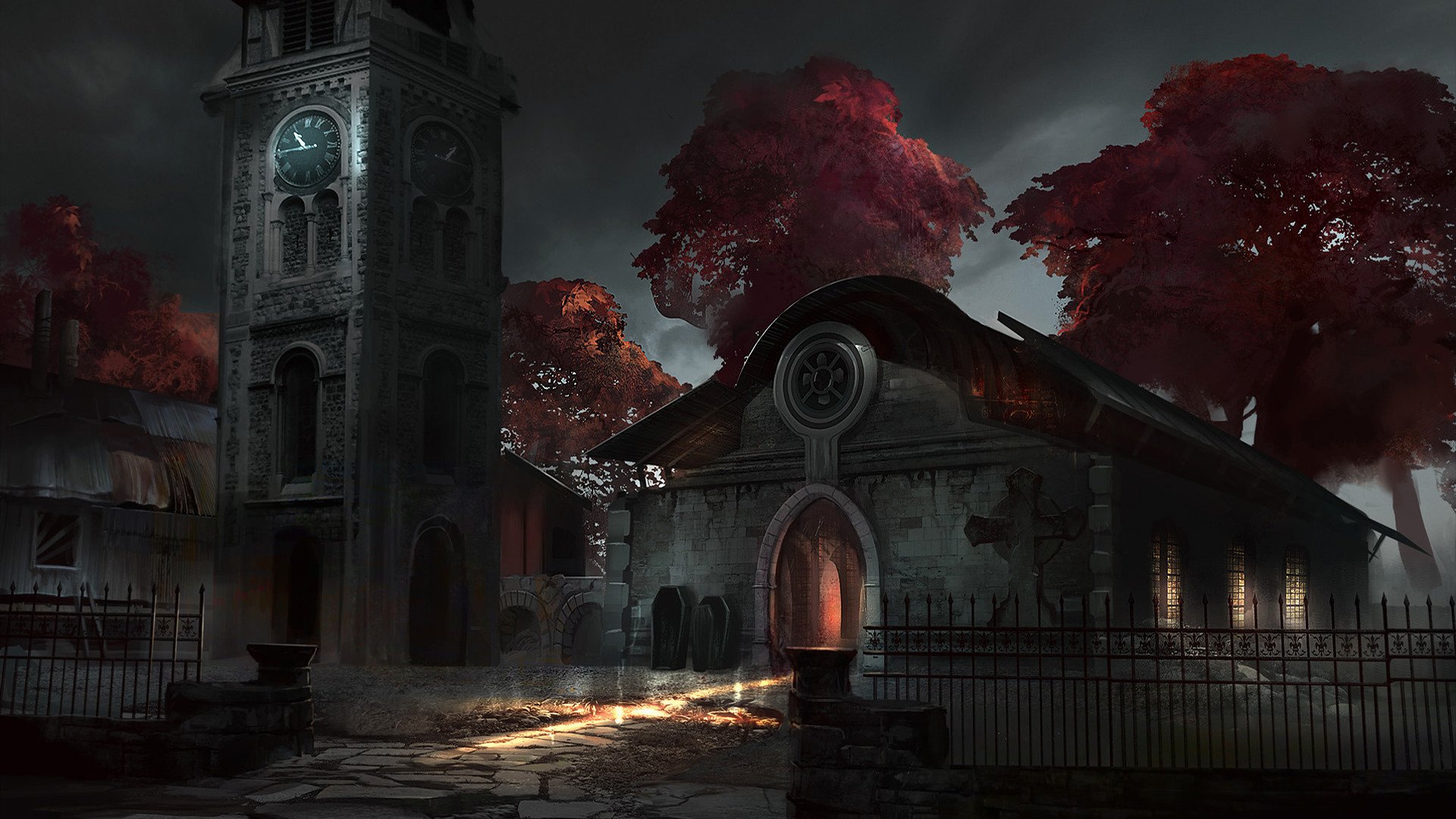 A dark, atmospheric scene featuring an imposing clock tower and a mysterious building surrounded by vibrant red trees, creating an intriguing HD desktop wallpaper background.