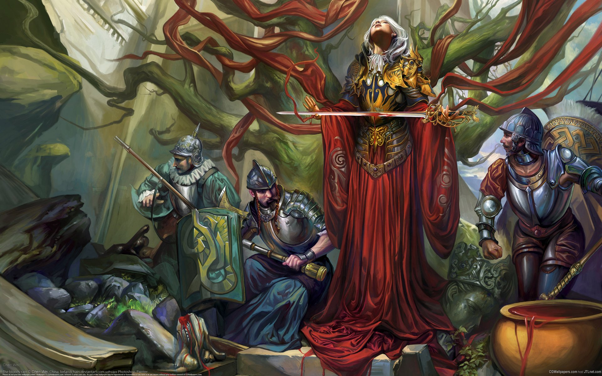 HD fantasy PC desktop wallpaper depicting a fierce woman warrior in ornate armor holding a glowing sword, surrounded by three armored knights in a mystical forest.