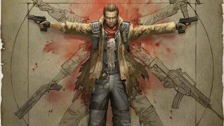 HD PC desktop wallpaper background from the video game Neverdead: grizzled antihero with arms outstretched, dual-wielding pistols, blood-splattered backdrop and weapon silhouettes.