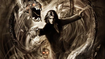HD PC desktop wallpaper featuring a dark, intense scene from the video game The Darkness II, with a central character wielding guns surrounded by shadowy, monstrous figures.