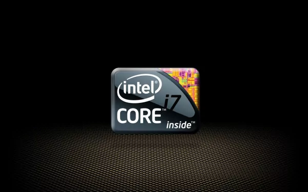 HD PC desktop wallpaper featuring the Intel Core i7 logo with a sleek, tech-inspired black and gold textured background.