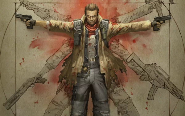 HD PC desktop wallpaper background from the video game Neverdead: grizzled antihero with arms outstretched, dual-wielding pistols, blood-splattered backdrop and weapon silhouettes.