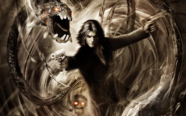 HD PC desktop wallpaper featuring a dark, intense scene from the video game The Darkness II, with a central character wielding guns surrounded by shadowy, monstrous figures.