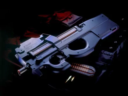 HD PC desktop wallpaper showing a man-made FN P90 submachine gun on a dark background with cool blue lighting and scattered cartridges.
