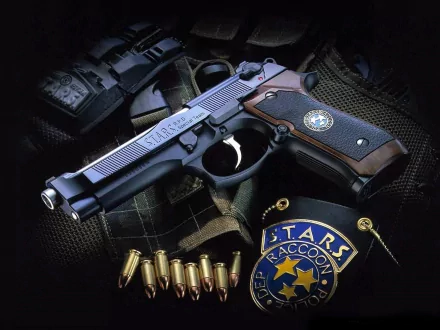 A striking HD wallpaper featuring a detailed handgun, Raccoon City S.T.A.R.S. badge, and ammunition, capturing the tense atmosphere of the Resident Evil video game series.