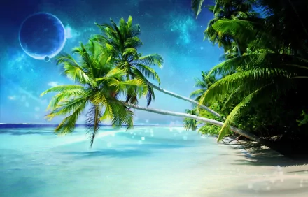 HD PC desktop wallpaper of a dreamy beach scene with glowing blue skies, palm trees leaning over clear water, and a surreal celestial orb in the night sky.