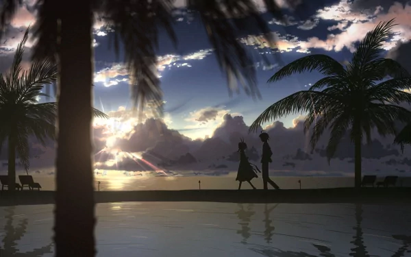 HD PC desktop wallpaper from the video game DJMax, featuring silhouetted characters walking by palm trees at sunset with a reflective water foreground.