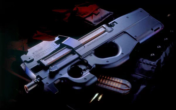 HD PC desktop wallpaper showing a man-made FN P90 submachine gun on a dark background with cool blue lighting and scattered cartridges.
