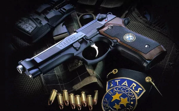 A striking HD wallpaper featuring a detailed handgun, Raccoon City S.T.A.R.S. badge, and ammunition, capturing the tense atmosphere of the Resident Evil video game series.