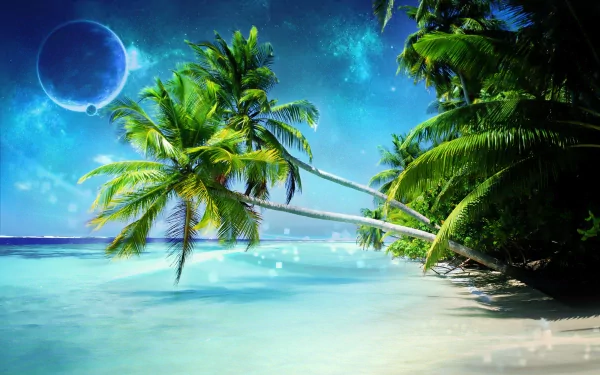 HD PC desktop wallpaper of a dreamy beach scene with glowing blue skies, palm trees leaning over clear water, and a surreal celestial orb in the night sky.
