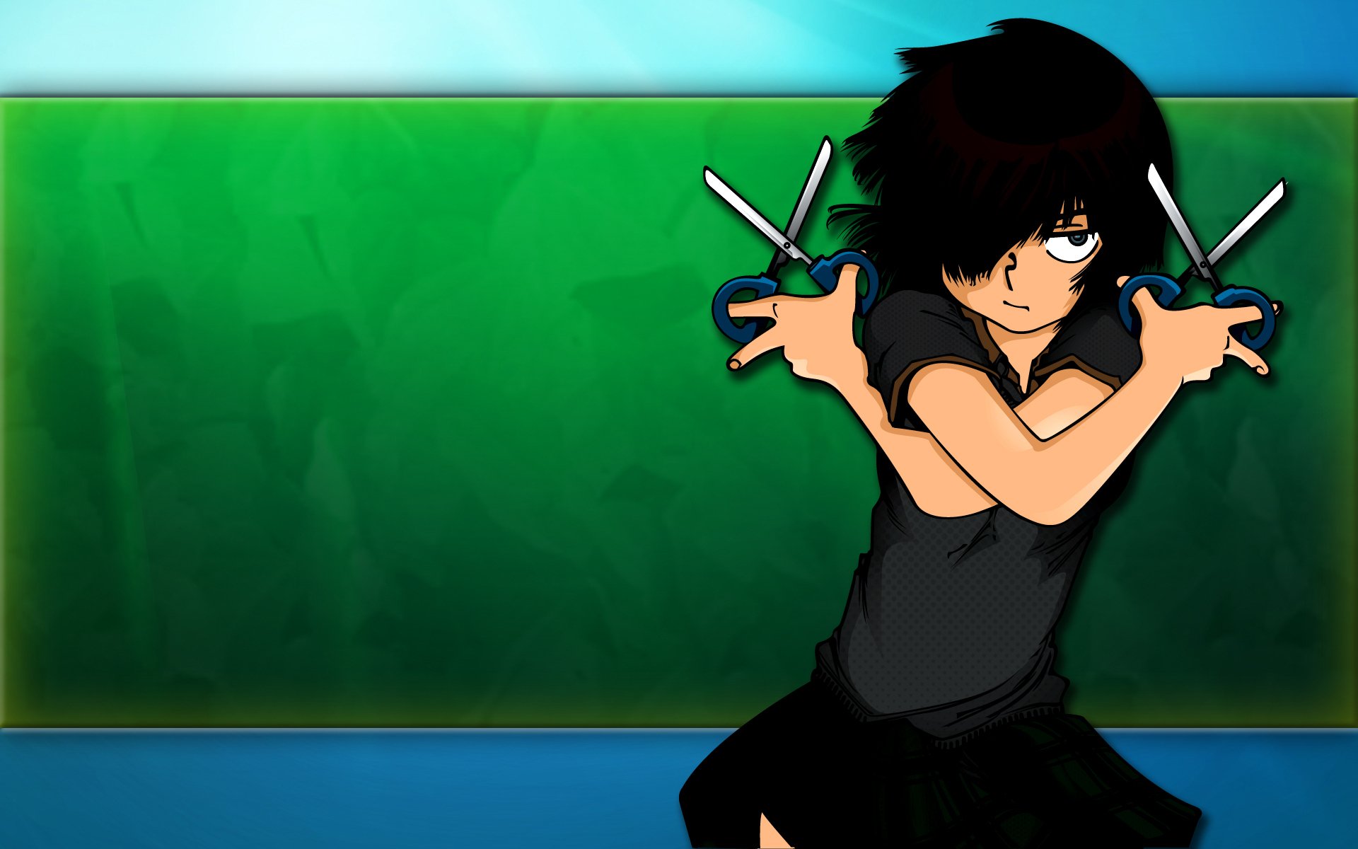 HD PC desktop wallpaper of Mysterious Girlfriend X anime: dark-haired girl holding scissors in front of a green chalkboard with blue borders.