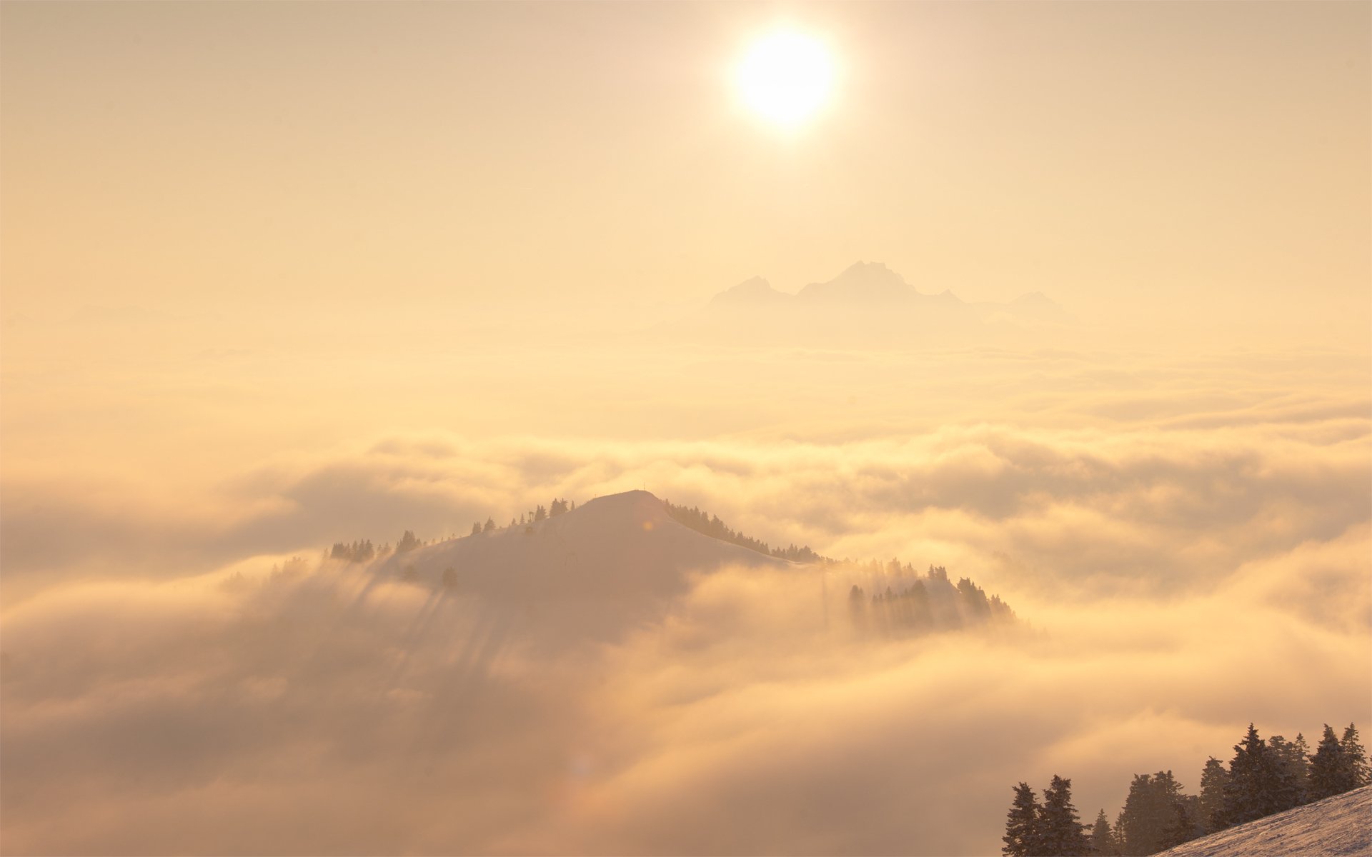 Scenic nature HD PC desktop wallpaper: golden sun over mist-filled valleys and forested mountain slopes, a soft, atmospheric morning panorama.