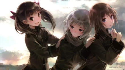 HD PC desktop wallpaper/background of Kureha Suminoya, Kanata Sorami and Noël Kannagi from the anime Sora no Woto, smiling together against a soft cloudy sky.
