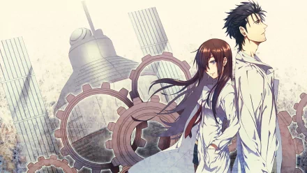 HD wallpaper featuring Kurisu Makise and Rintaro Okabe from the anime Steins;Gate, with a backdrop of gears and scientific elements.